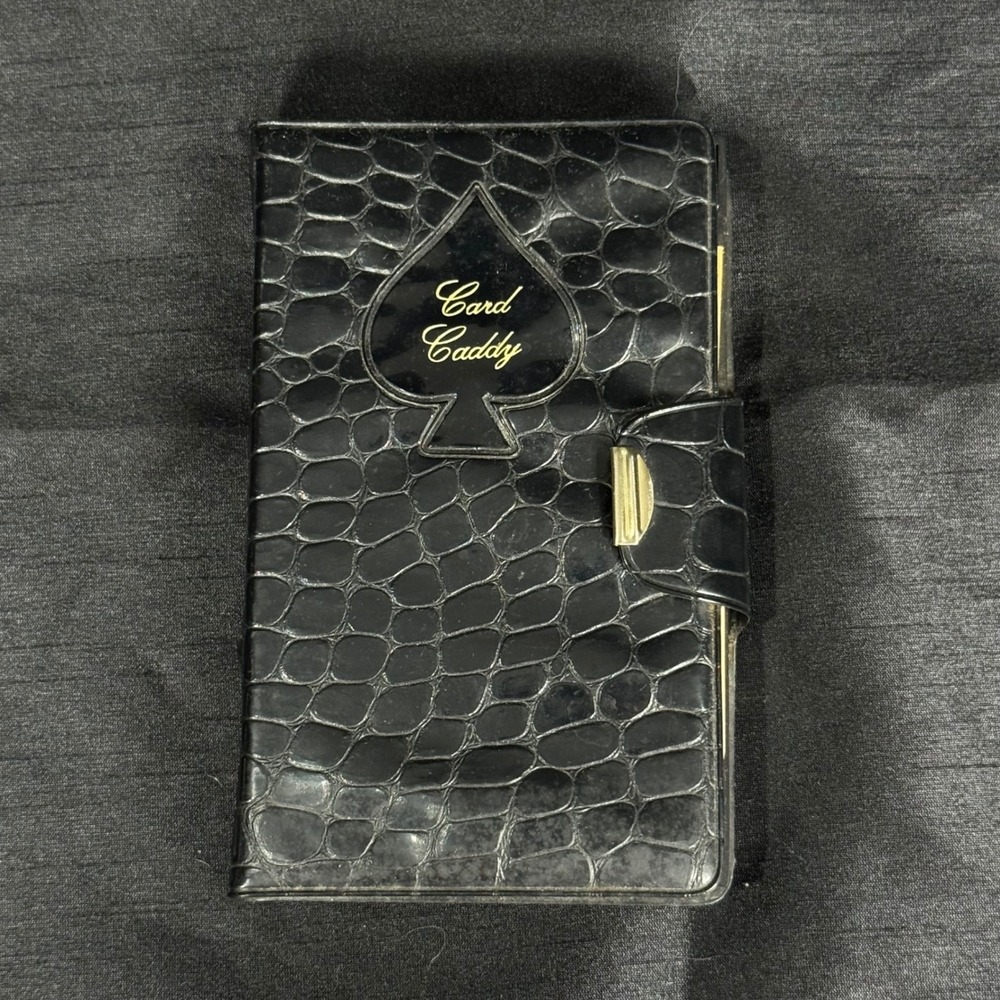 Vintage Card Caddy Travel Playing Card Set Black Faux Croc Case Bridge Score Pad